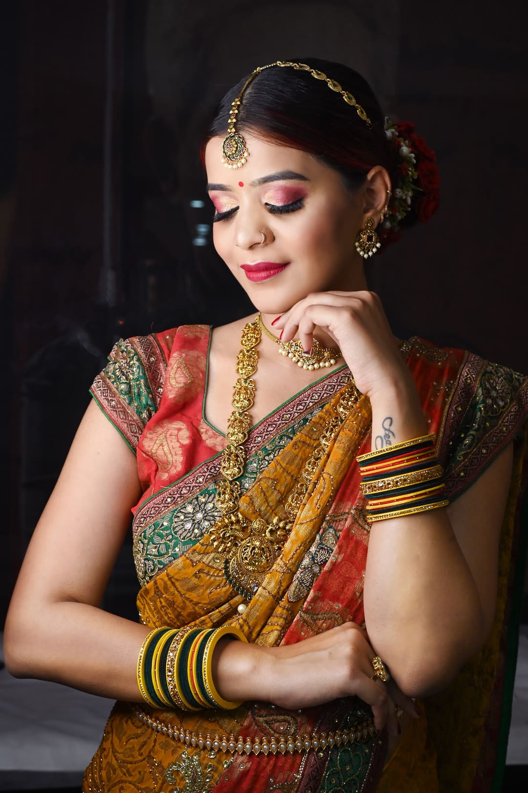 Bridal · Bride with traditional jewellery and updo hairstyle at The Jawed Habib Luxury Salon, Bagalur