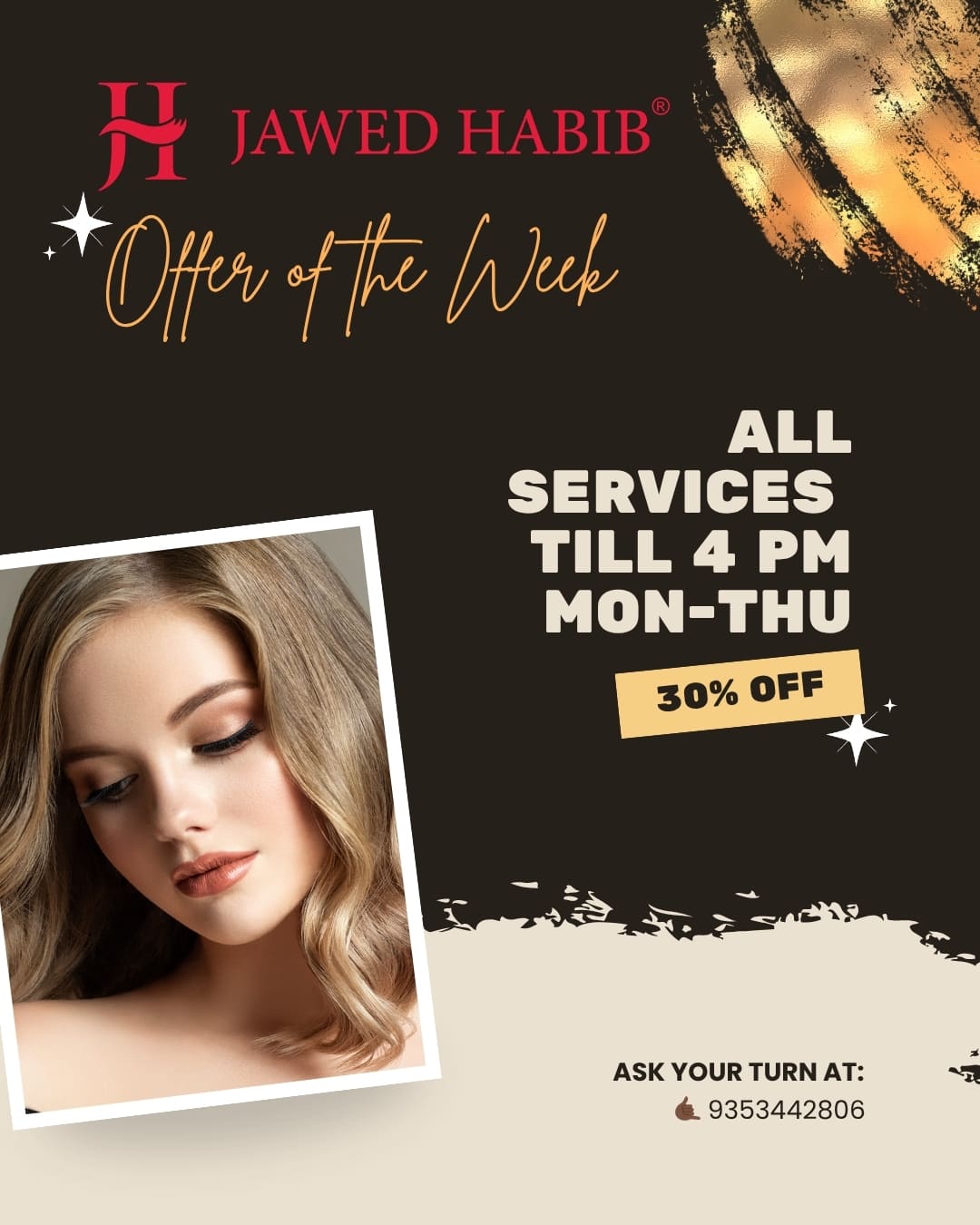 Offers · 30% off Monday–Thursday weekday glam offer at The Jawed Habib Luxury Salon, Bagalur